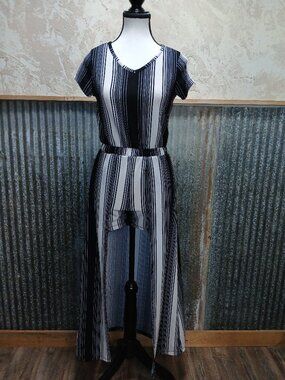 1st Kiss Striped Romper w/ Long Cape High‑Low Overlay Black White Elastic Waist